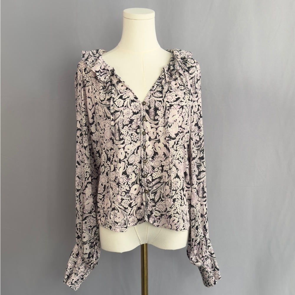 Anthropologie Pink and Black Floral Ruffle Button-Front Blouse